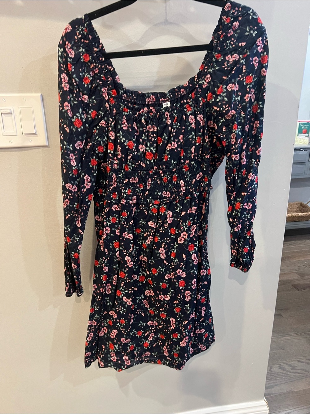 bp Black Floral Off-Shoulder Smocked Mini Dress with Pink and Red Blooms